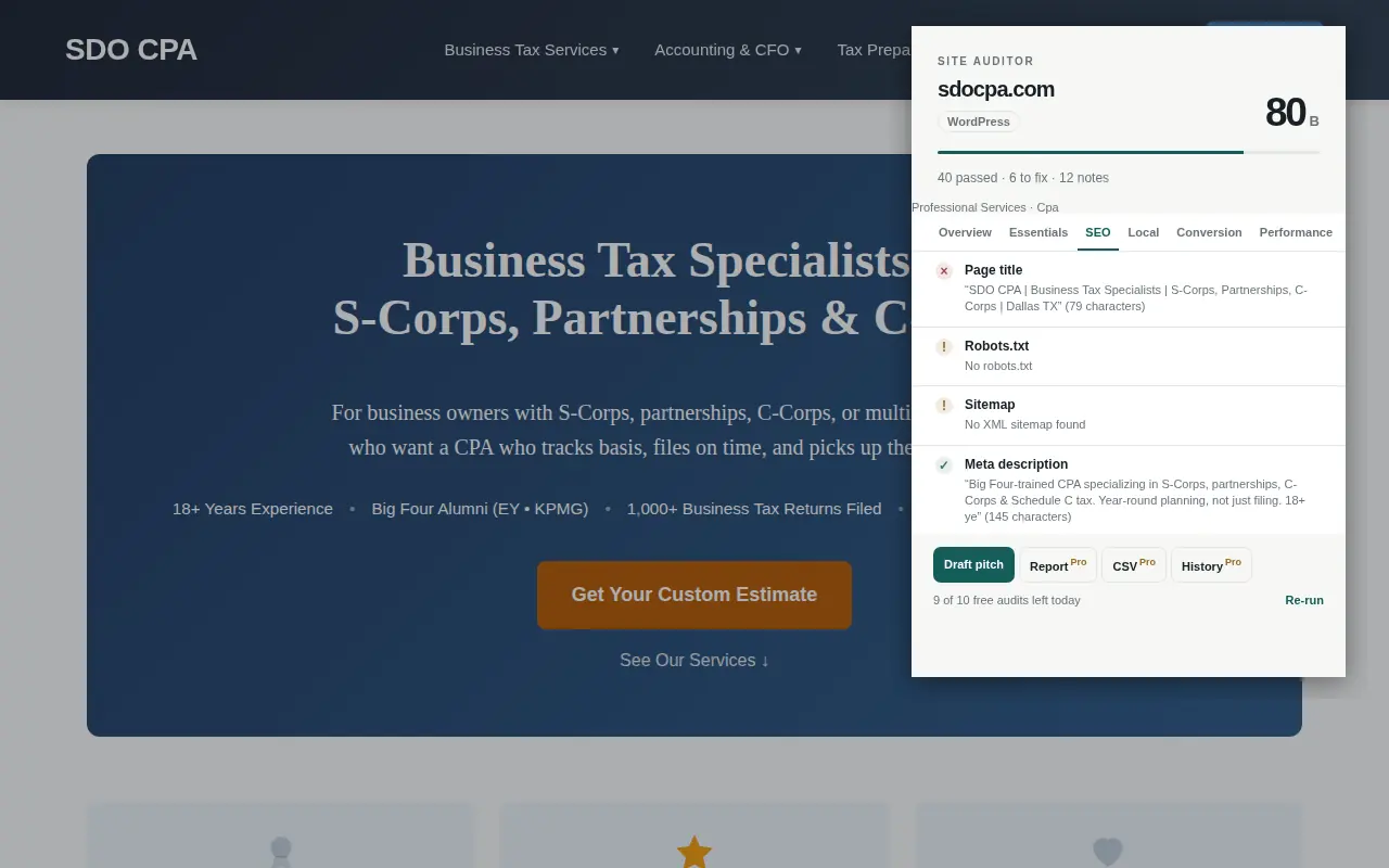 Site Auditor result details with individual checks and supporting evidence